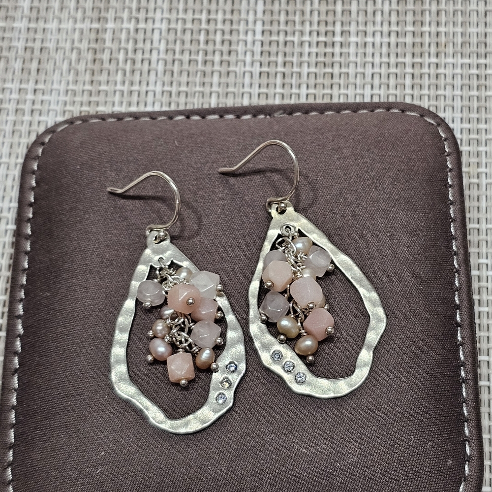 Silpada 925 Hammered Silver Pink Soapstone, Quartz, and Pearl Earrings